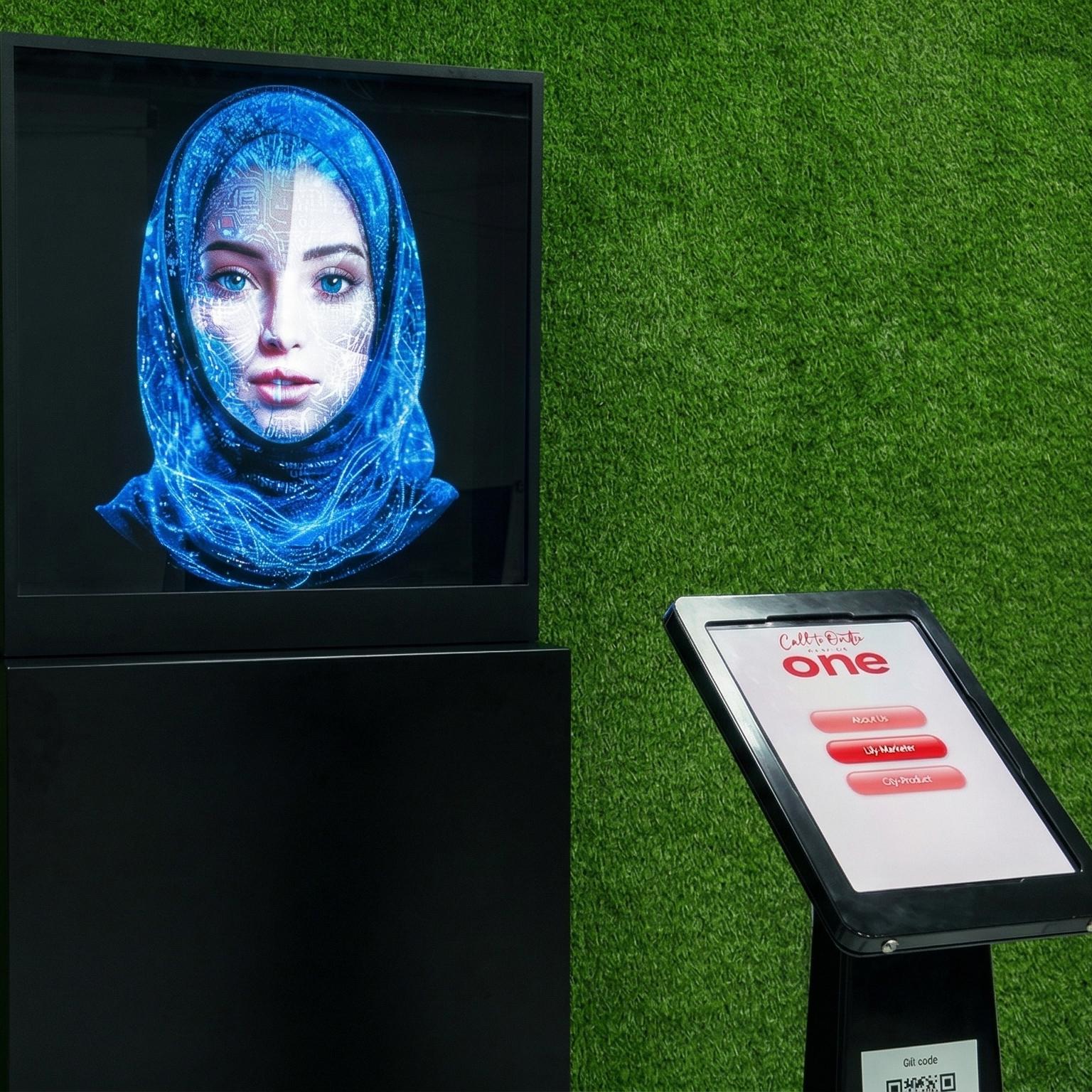 AI kiosk at an event features a digital display of a ai hologram woman in a blue hijab